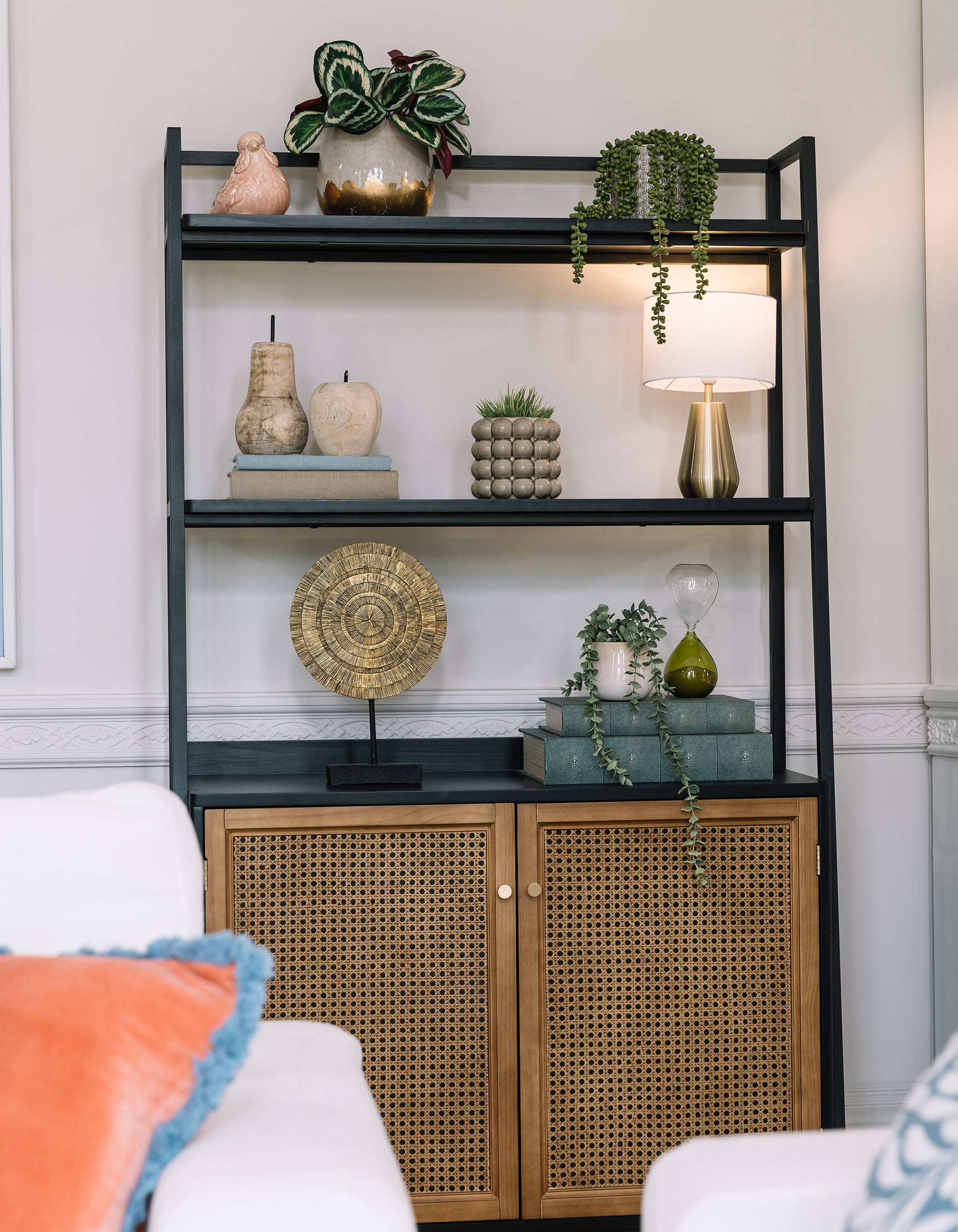 A metal and wood shelving unit