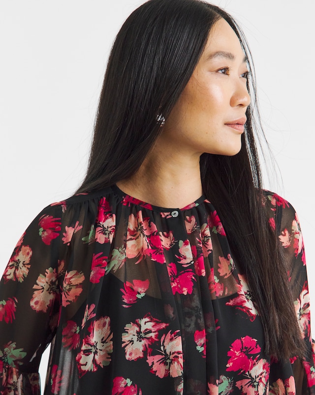 Georgette Collarless Blouson Sleeve Blouse