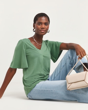 Mineral Green V Neck Angel Sleeve Top