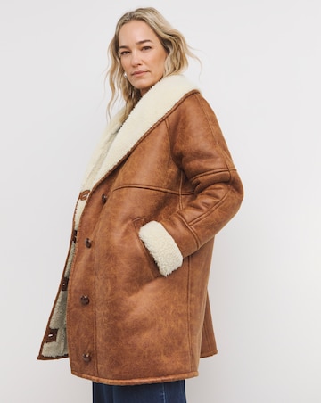 Tan Mid Length Shearling Jacket