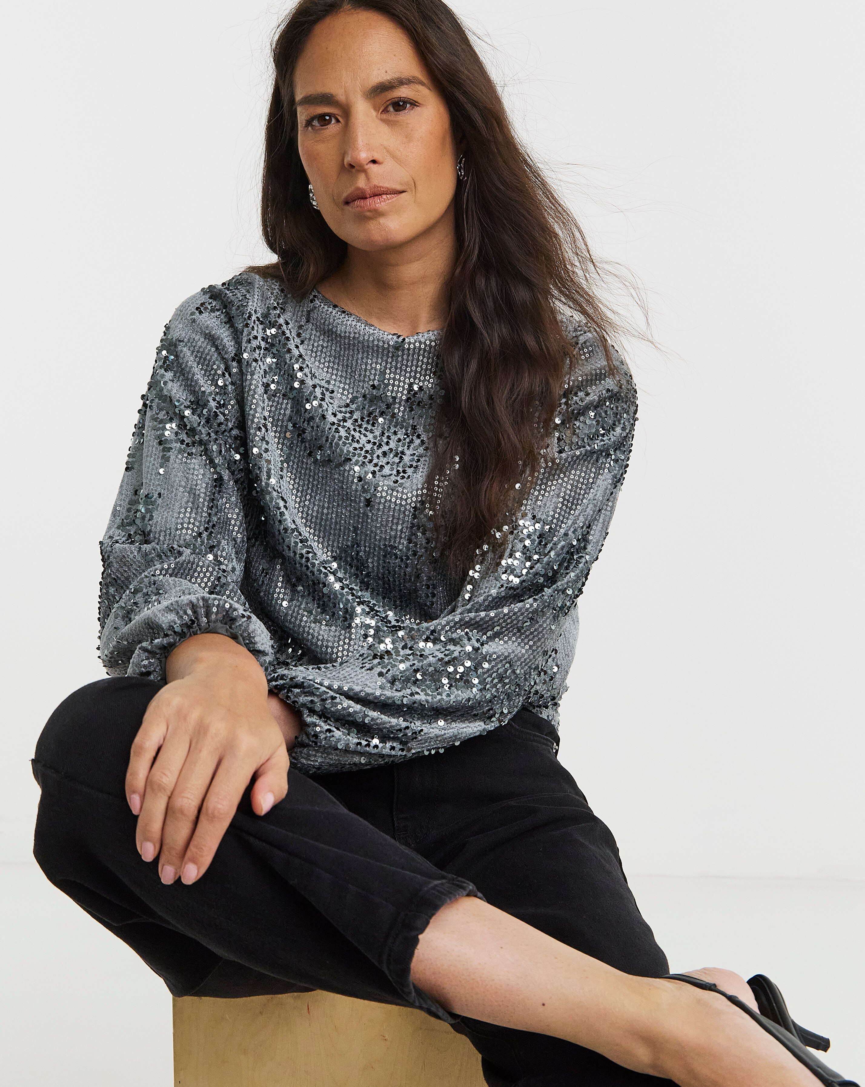 Velvet Sequin Slash Neck Volume Sleeve Top | JD Williams