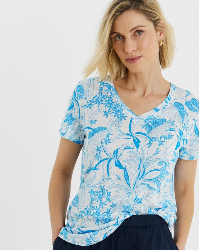 Blue Print Linen V-Neck T-Shirt