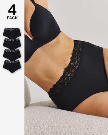Pretty Secrets (4 Pack) Lace Top Cotton Full Fit Brief Knickers Black