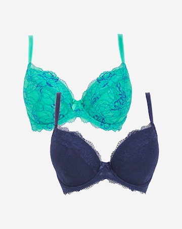 Pretty Secrets (2 Pack) Ella Lace Padded Plunge Wired Bras (B-F ) Aqua/Blue