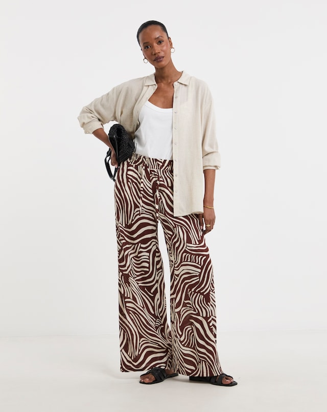 Brown Print Textured Crinkle Pull On Wide Leg Trousers