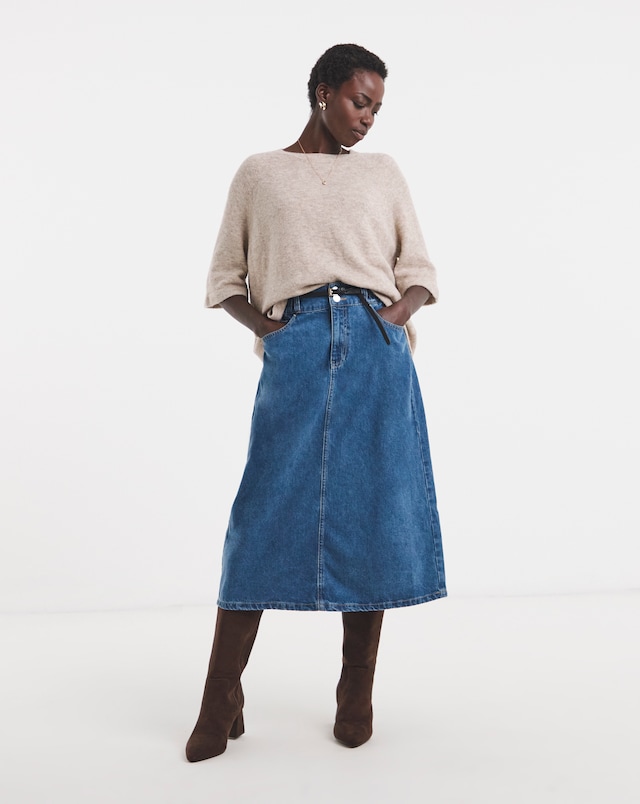 Light Blue Elasticated Waist Midi Denim Skirt