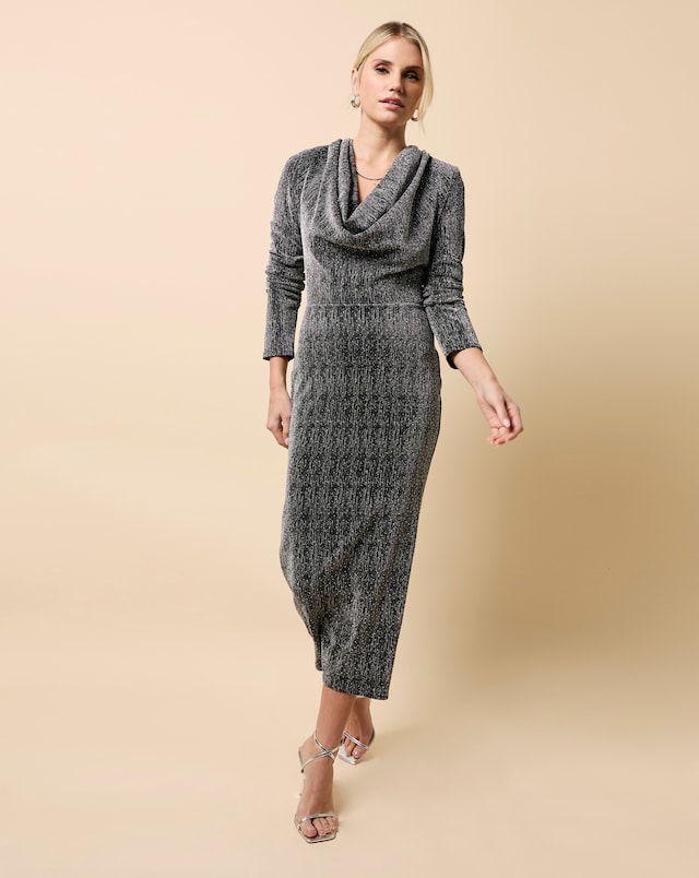 Little Mistress Grey Gathered Sequin Midaxi Dress | JD Williams