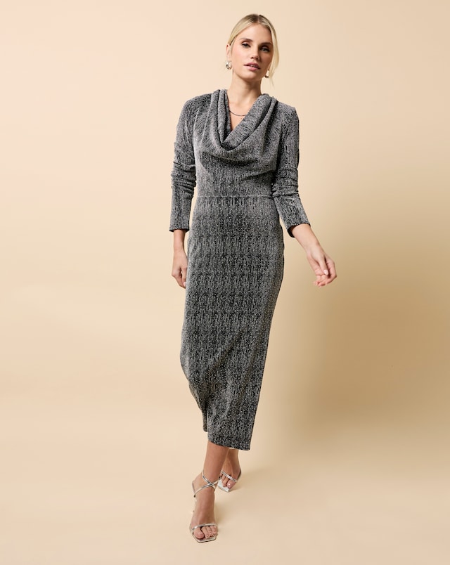 Little Mistress Black and Silver Cowl Neck Midaxi Dress