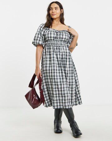 Simply Be Mono Check Midi Dress With Shirred Bodice