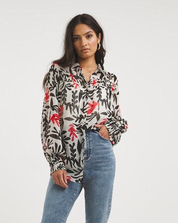 Black Print Sheer Shirred Detail Shirt With Cami