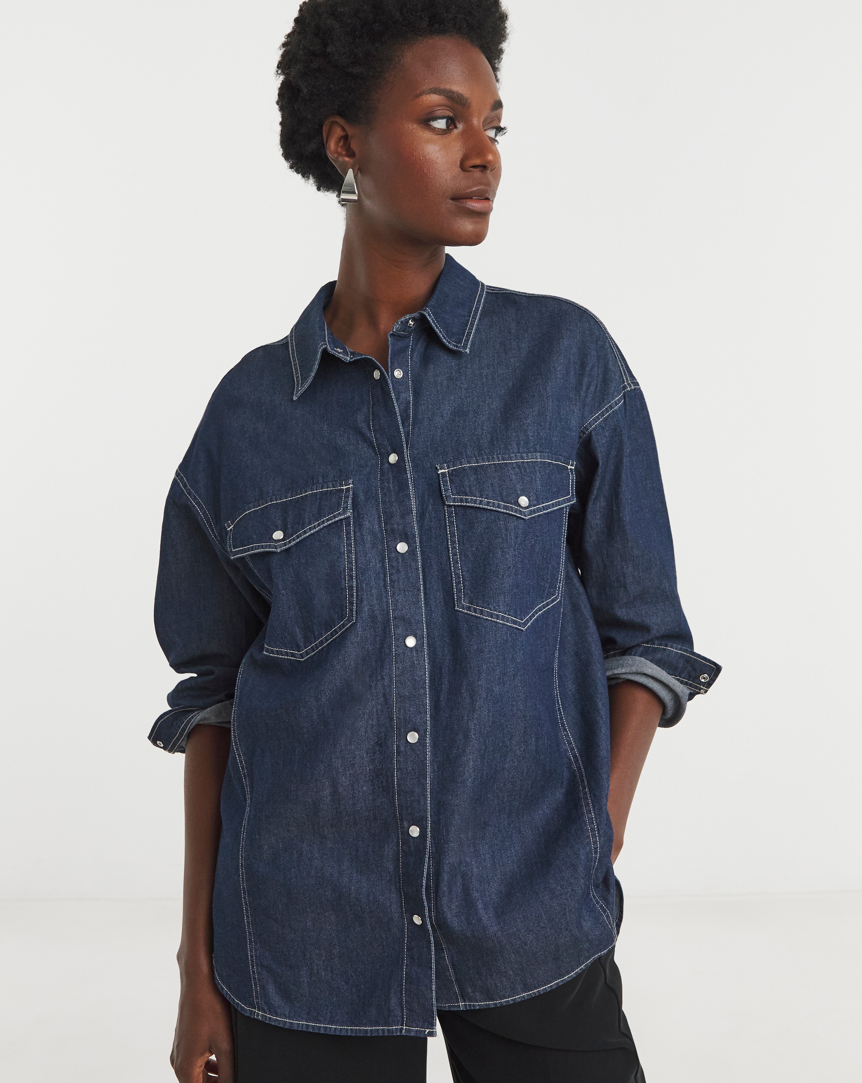 Pure Cotton Dark Blue Relaxed Denim Shirt | JD Williams