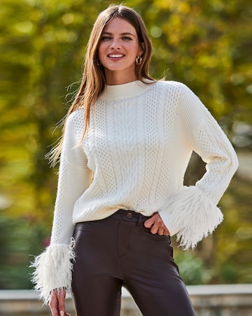 Sosandar Cream Cable High Neck Faux Fur Cuff Jumper