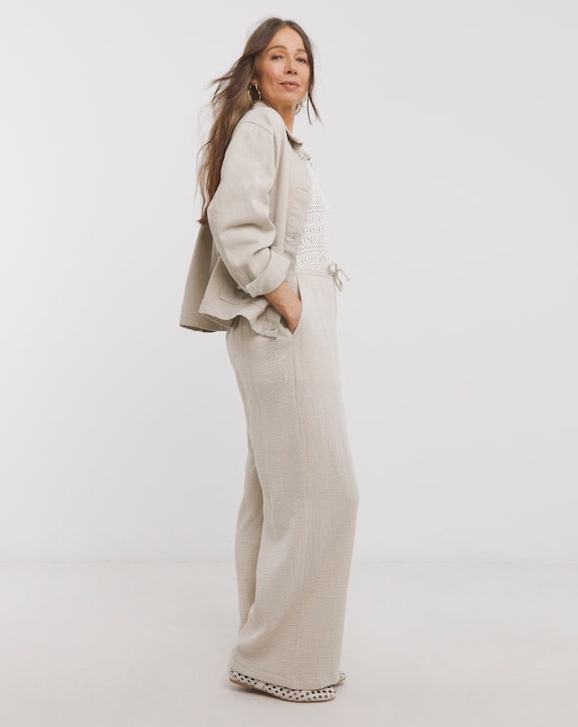 Pure Cotton Textured Pull On Wide Leg Trousers