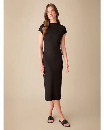 Ro&Zo Black Rib Jersey Ruched Waist Midi Dress