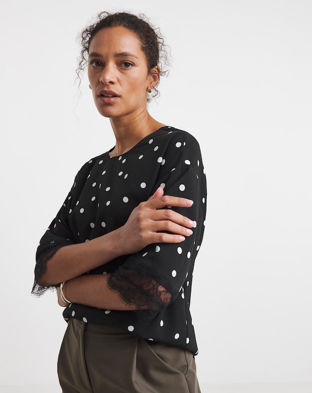 Black Spot Print Boxy Lace Trim Top