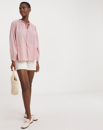 Collarless Long Sleeve Tie Neck Blouse