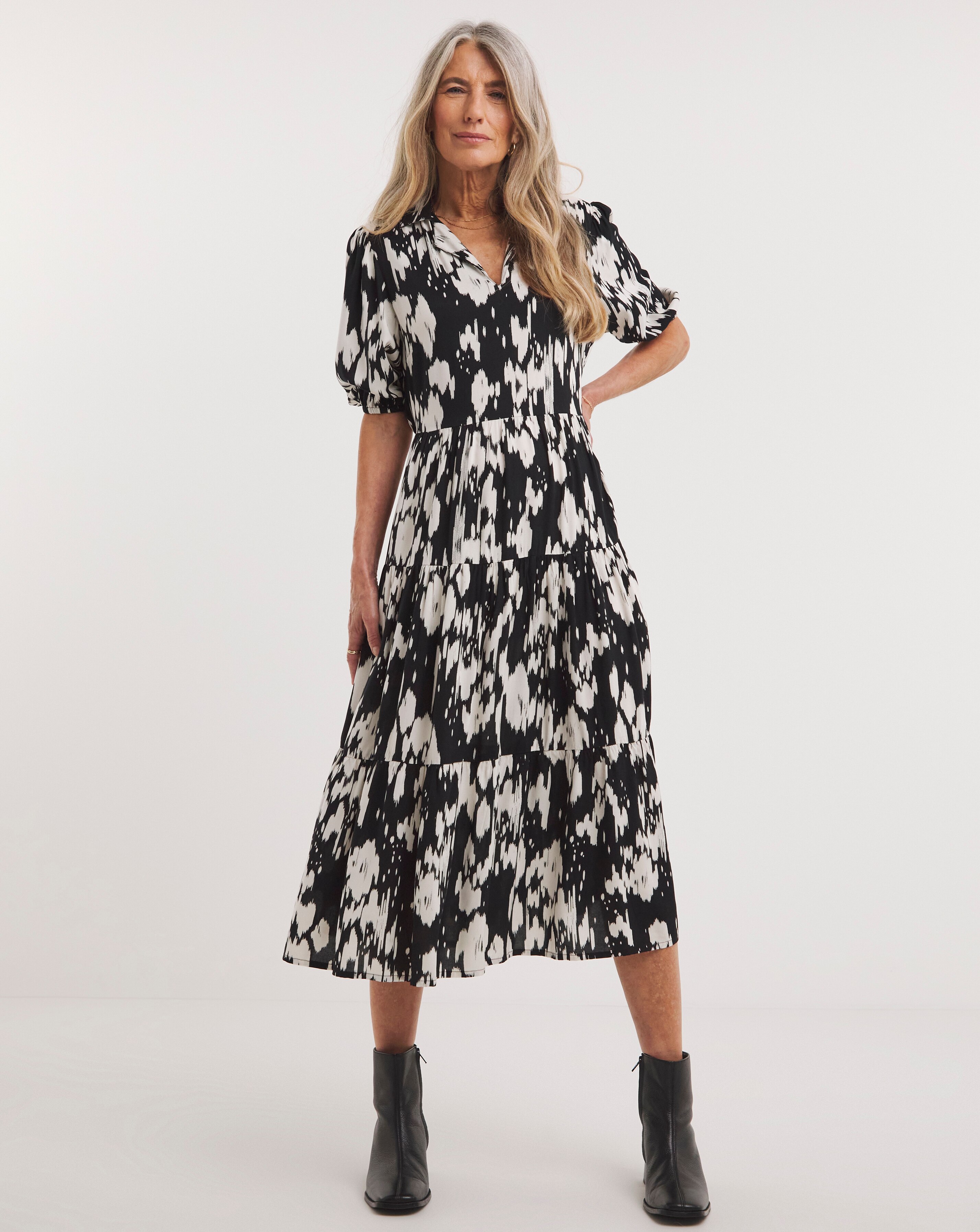 Spun Viscose Midi Shirt Dress With Collar