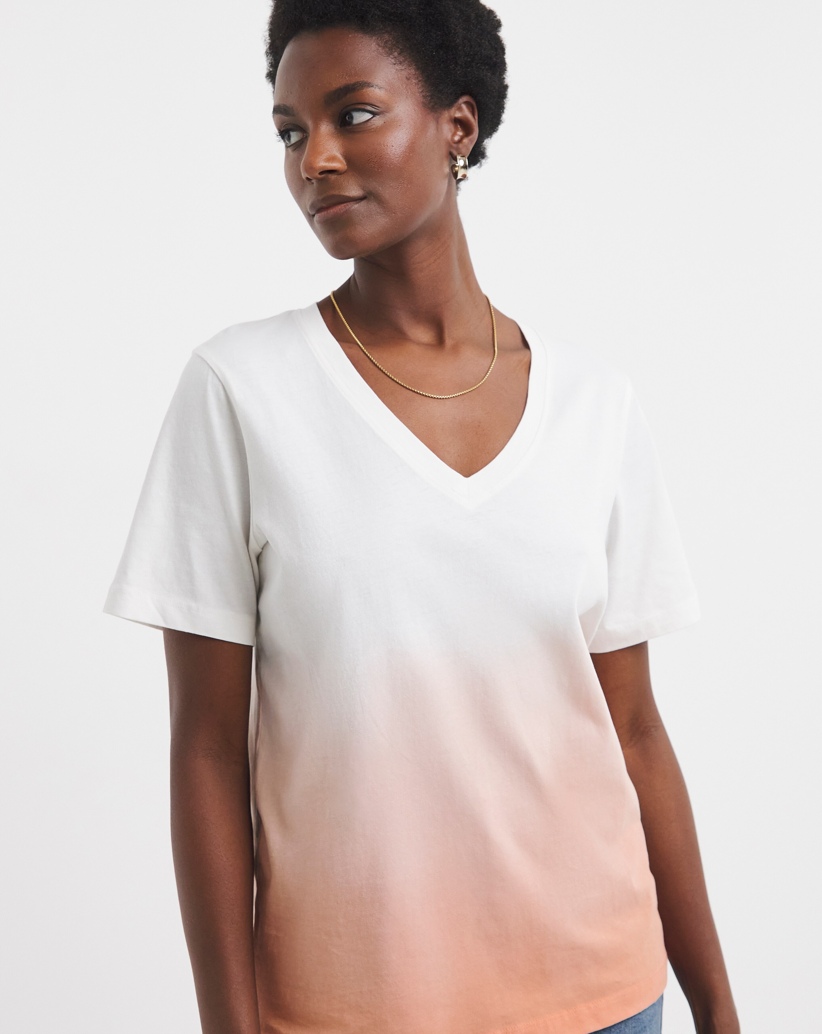Pure Cotton V Neck Short Sleeve Ombre T-Shirt