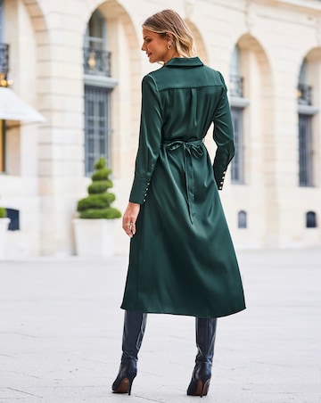 Sosandar Green Satin Shirt Dress With Luxe Gold Belt