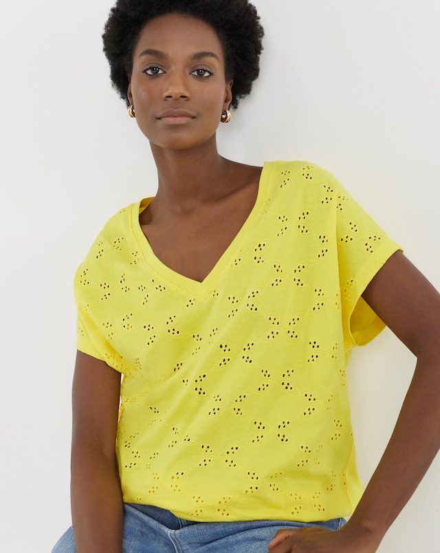 Yellow Broderie V-Neck T-Shirt