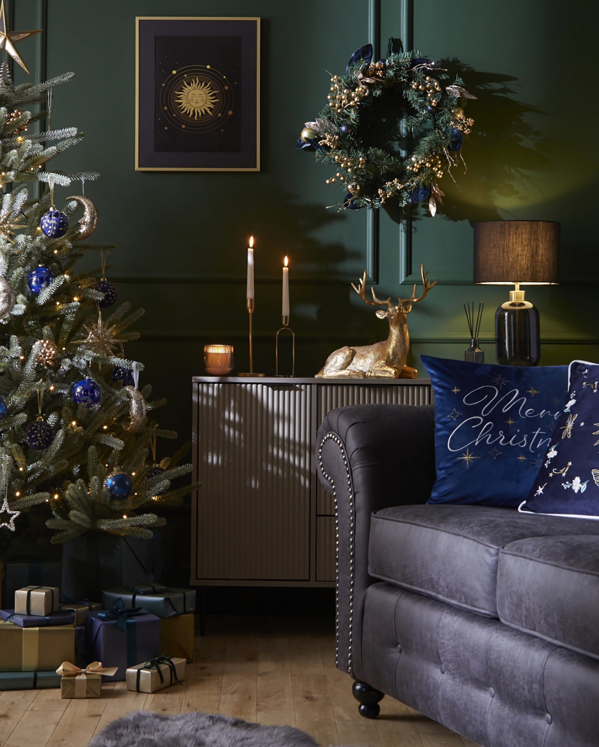 Elegant Christmas Living Room with Tree and Holiday Decorations