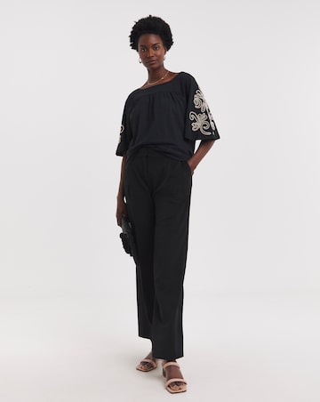 Black Cornelli Embroidered Sleeve Square Neck Top