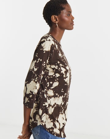 Brown Print Longline Curved Hem 3/4 Sleeve Top