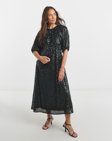 Linear Sequin Puff Sleeve Midi Dress