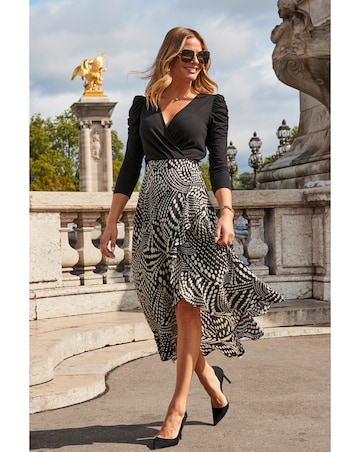 Sosandar Black & White Geometric Print Two Part Fit & Flare Jersey Dress