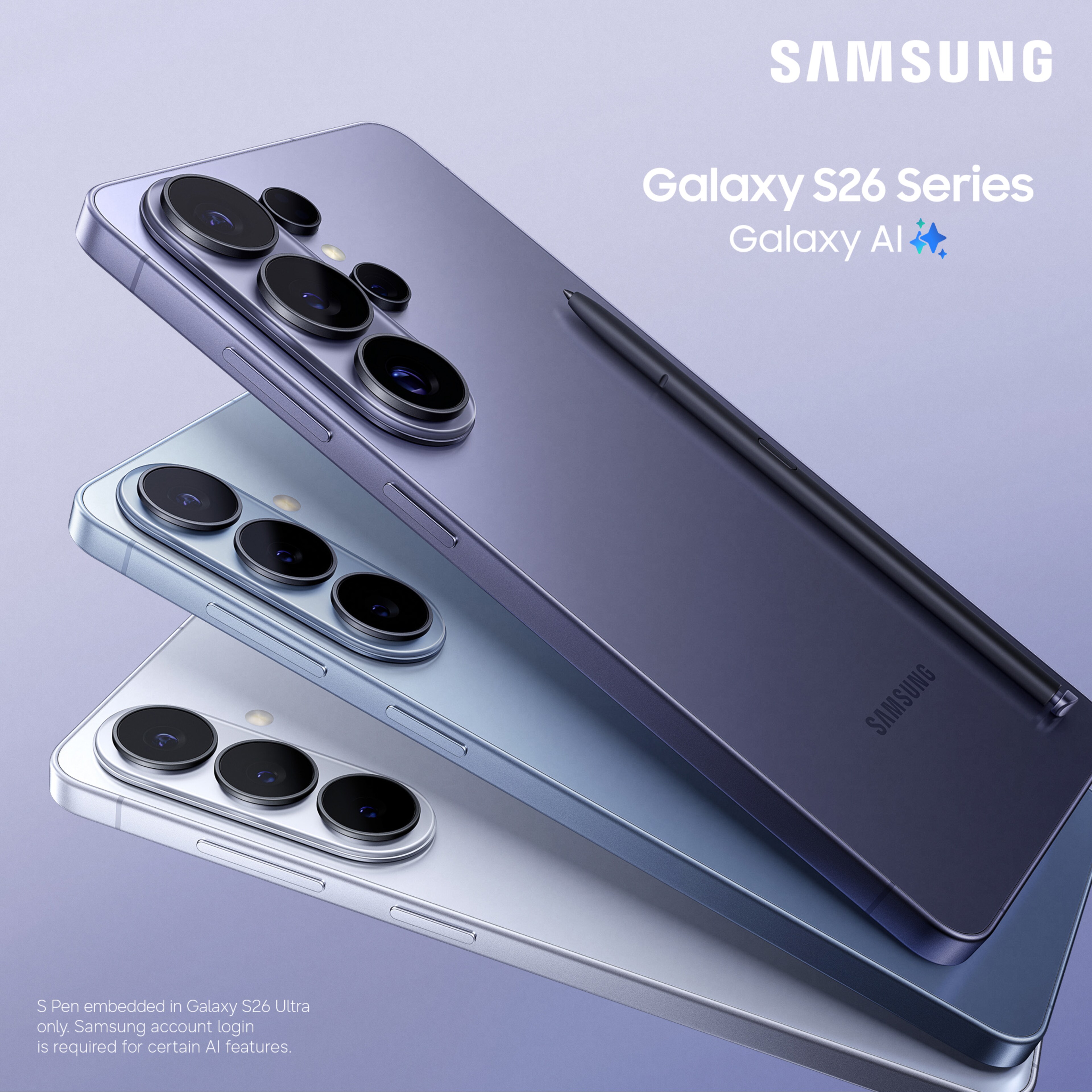 3 Samsung Galaxy S26 series in different colours stacked on top of each other.