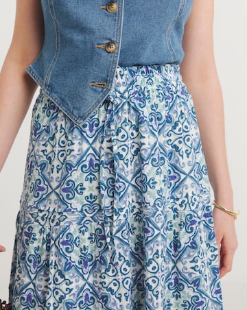 Blue Print Cheesecloth Tiered Midi Skirt