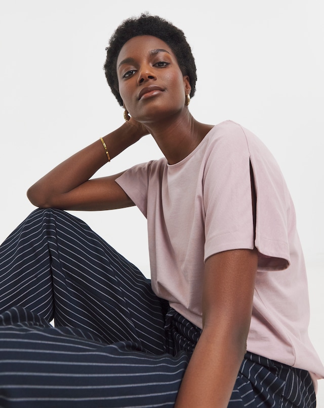 Pure Cotton Crew Neck Split Sleeve T-shirt