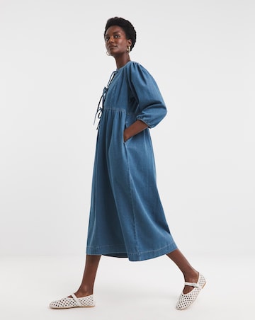 Blue Peplum Puff Sleeve Denim Dress