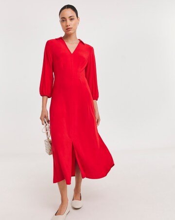 Waisted Dress With Open Neck & Collar