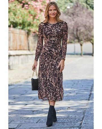 Sosandar Leopard Mesh Ruched Midi Dress