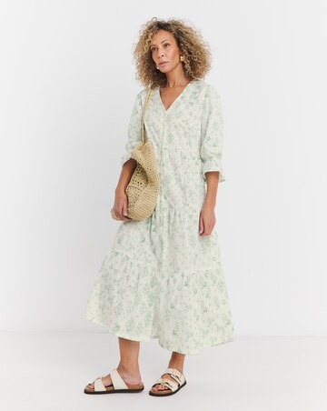 Cotton Dobby Button Through Dress With Puff Sleeve