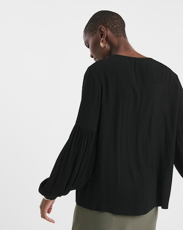 Textured Crinkle Broderie Yoke Trim Blouson Sleeve Blouse