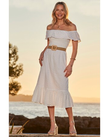 Sosandar Broderie Bardot Belted Midi Dress