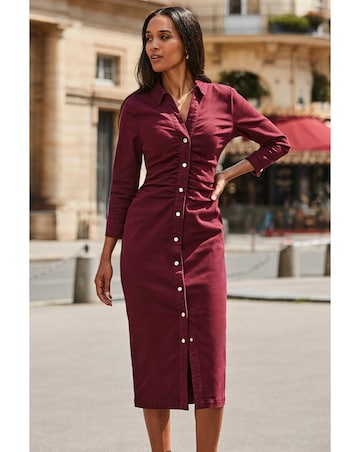 Sosandar 3/4 Sleeve Ruched Waist Popper Front Denim Dress