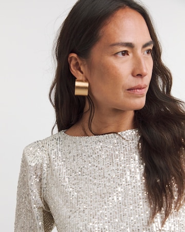 Silver Sequin Slash Neck Volume Sleeve Top