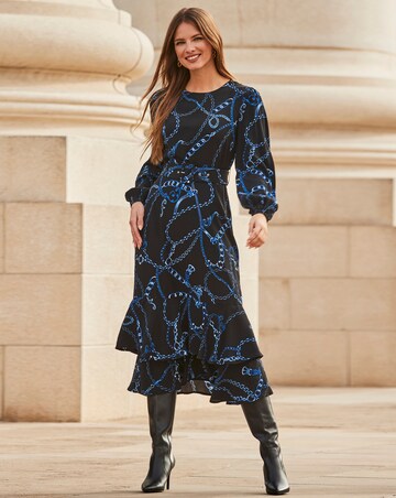 Sosandar Black & Blue Chain Print Ruffle Hem Fit & Flare Dress