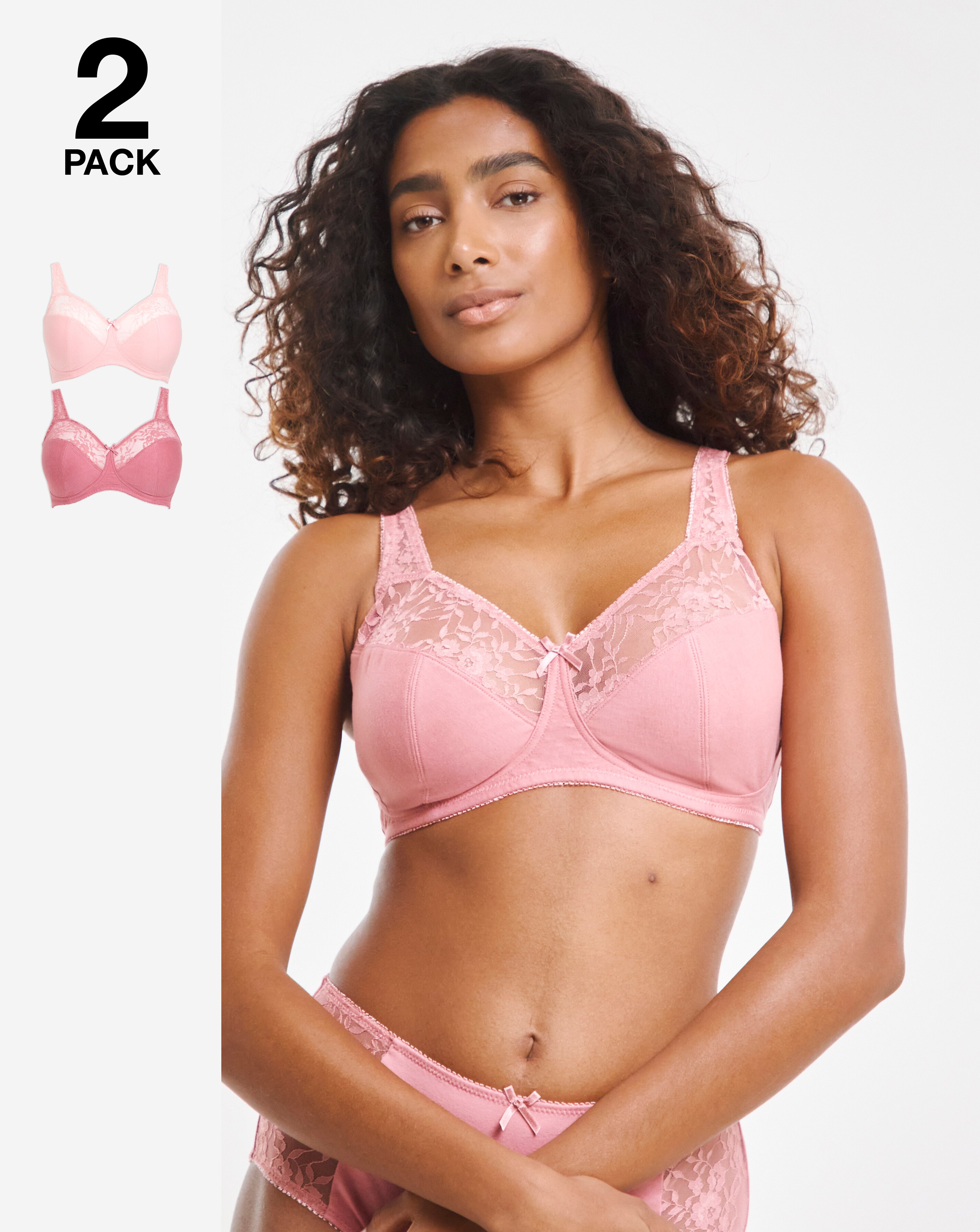 Pretty Secrets (2 Pack) Cotton Lace Non Wired Full Cup Bras (B-G) Pink Multi