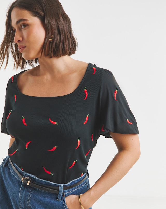 Simply Be Black Chilli Embroidered Puff Sleeve Top