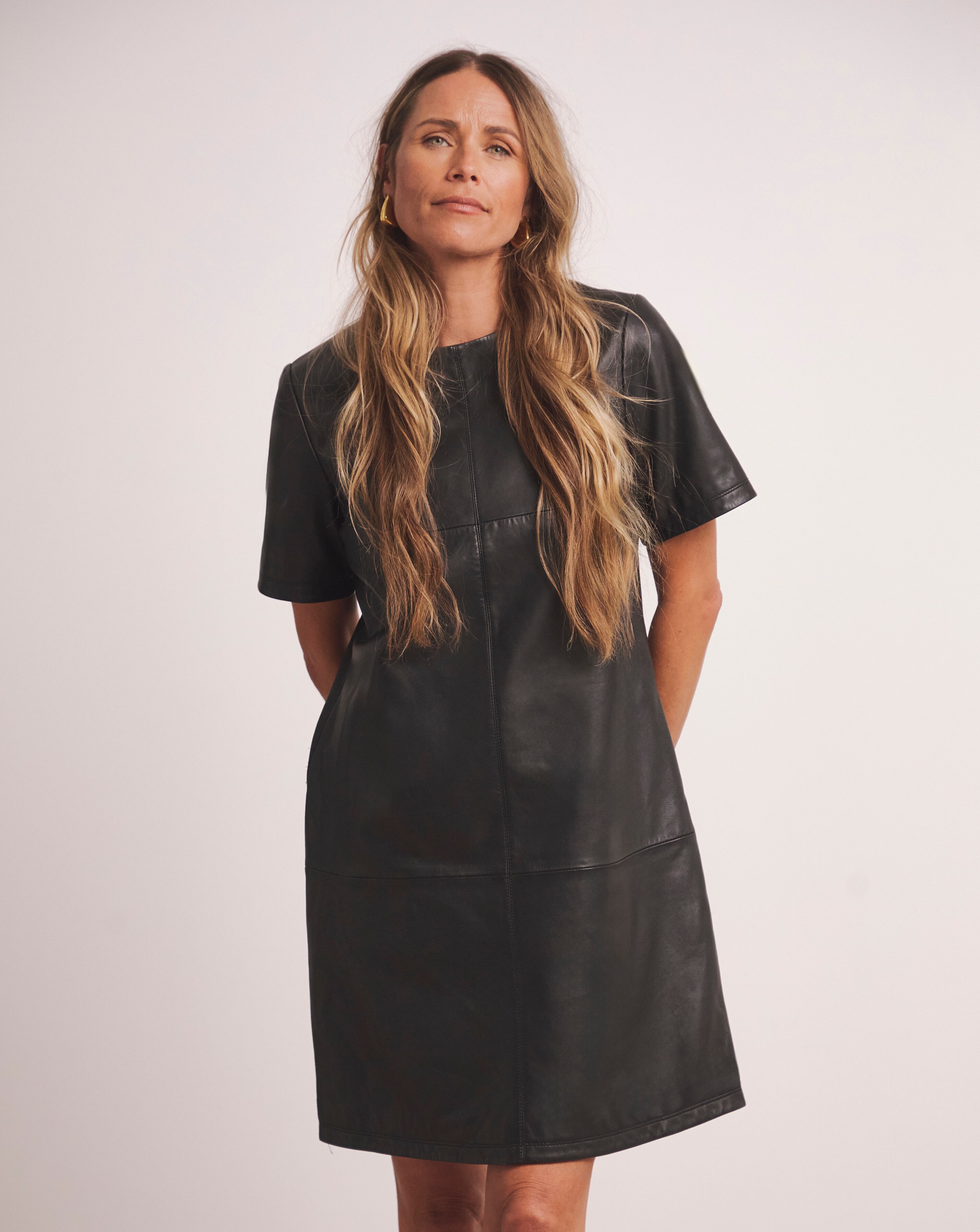 black leather shift dress Theory Black Leather Mini Shift Dress with Charcoal trim - sz 4