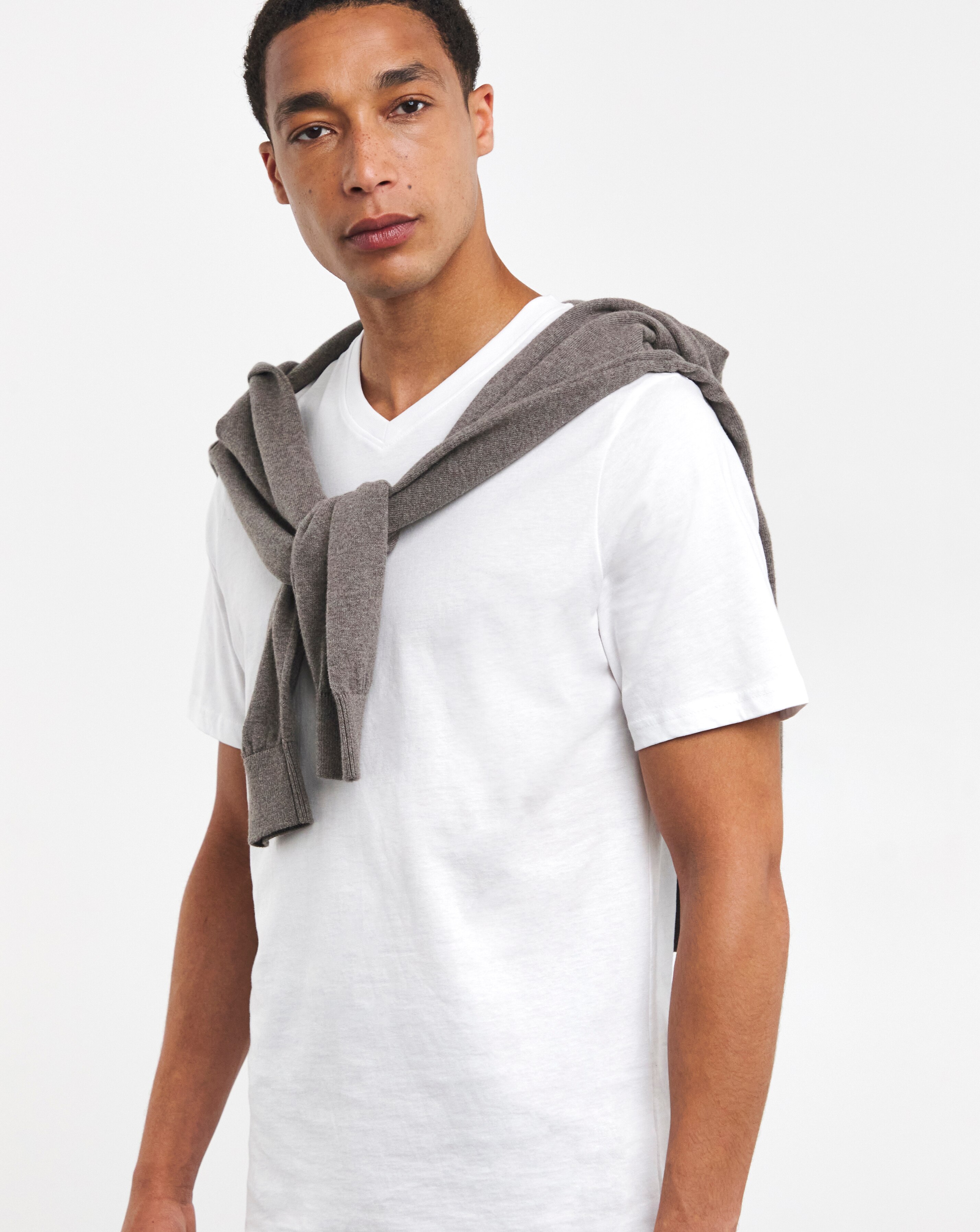 Pure Cotton V-Neck T-Shirt Long Length- White