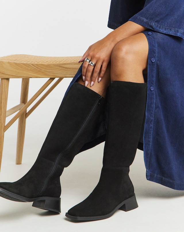 Cressida Low Block Heel Knee High Suede Boots - Wide Fit (E) & Curvy Calf