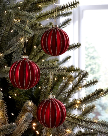 Gisela Graham Red Glass Stripe Baubles - Set of 3