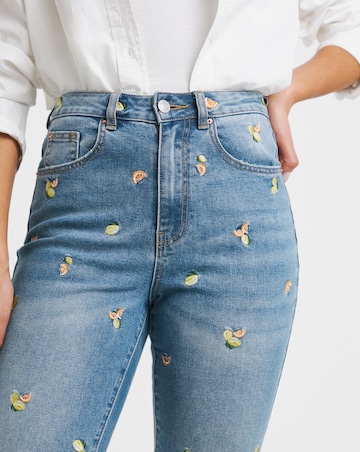 Simply Be Mid Blue Fruit Embroidered Slim Mom Jeans