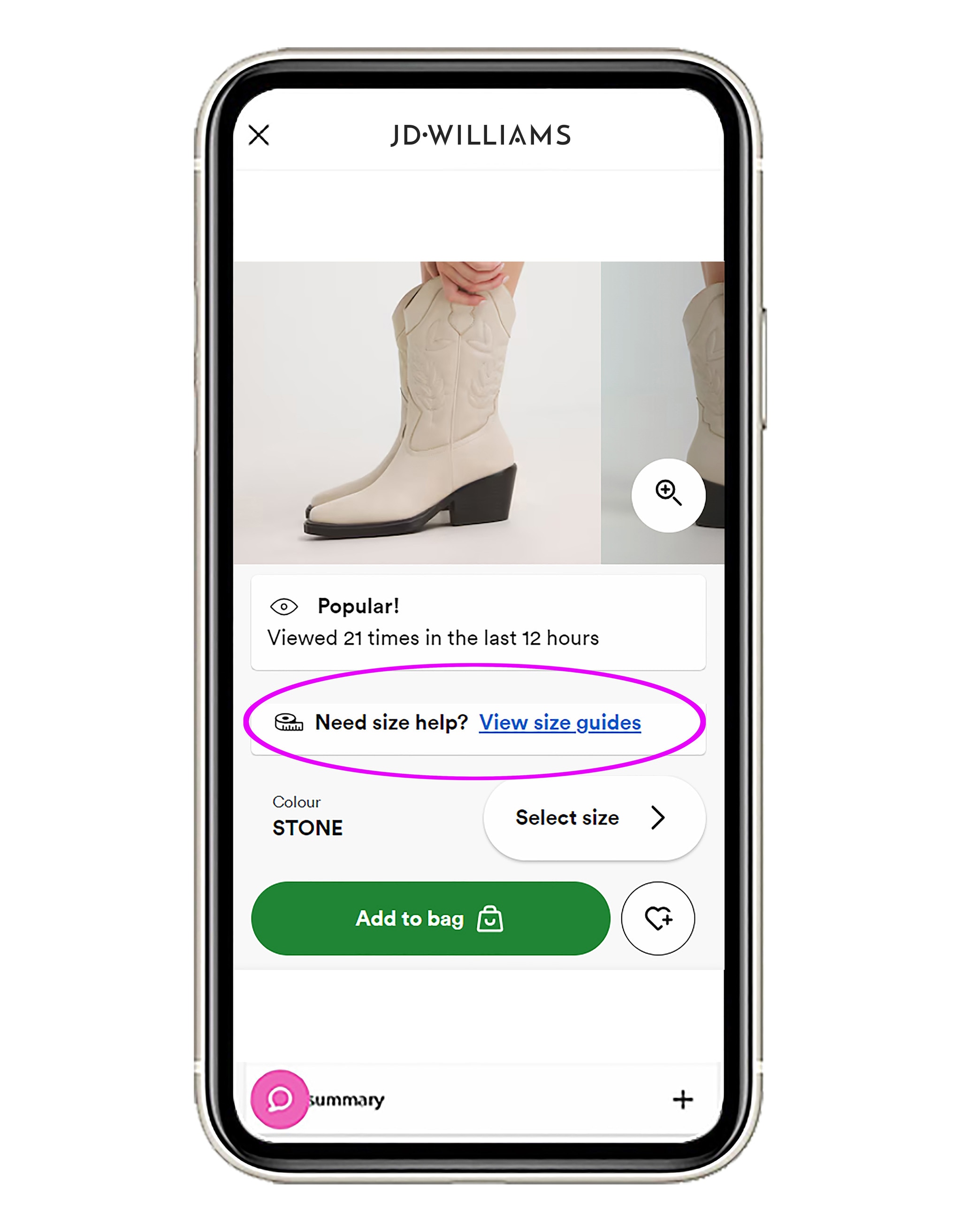 Screenshot of a product page on the JD Williams app, highlighting the “View size guides” link