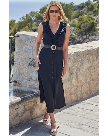 Sosandar Linen Blend Ruffle Detail Button Front Dress